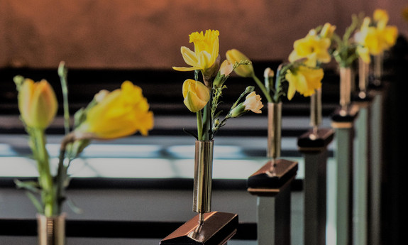 Billede af kirkebænke pyntet med påskeliljer